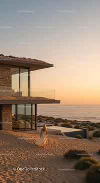 Modern Beachfront House at Sunset with Ocean View