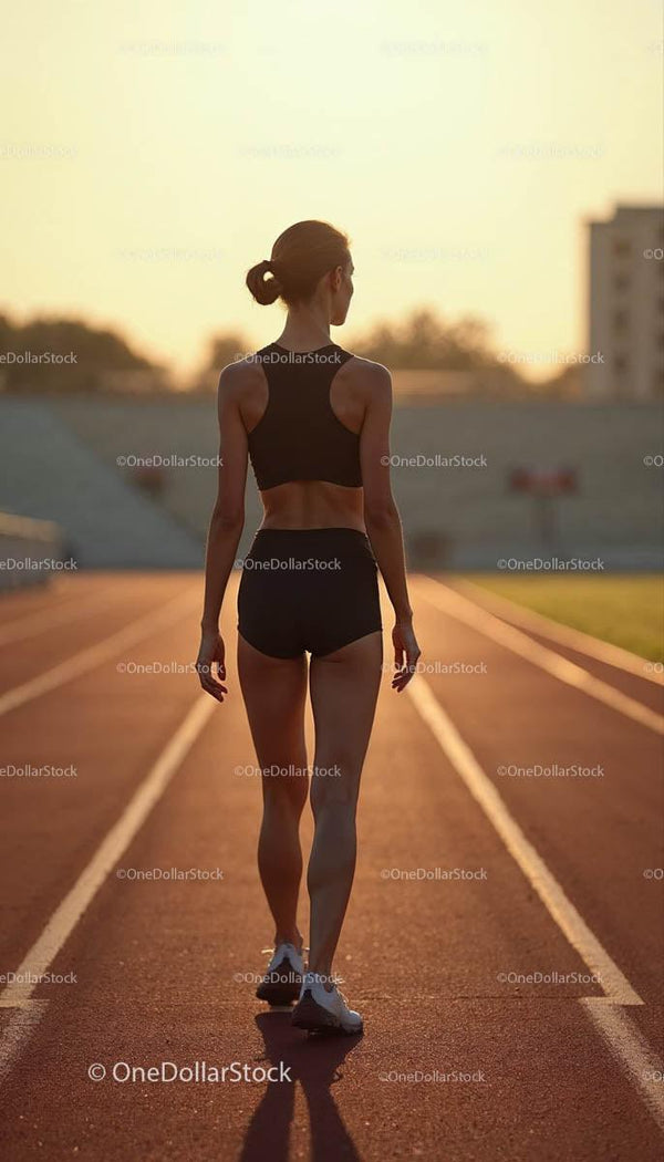 Kobieta sportowiec rozgrzewająca się na bieżni o zachodzie słońca
