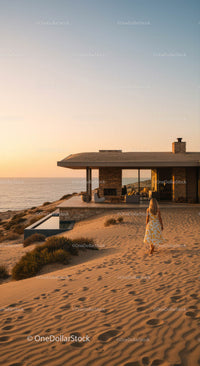 Modern Beach House at Sunset with Woman in Floral Dress