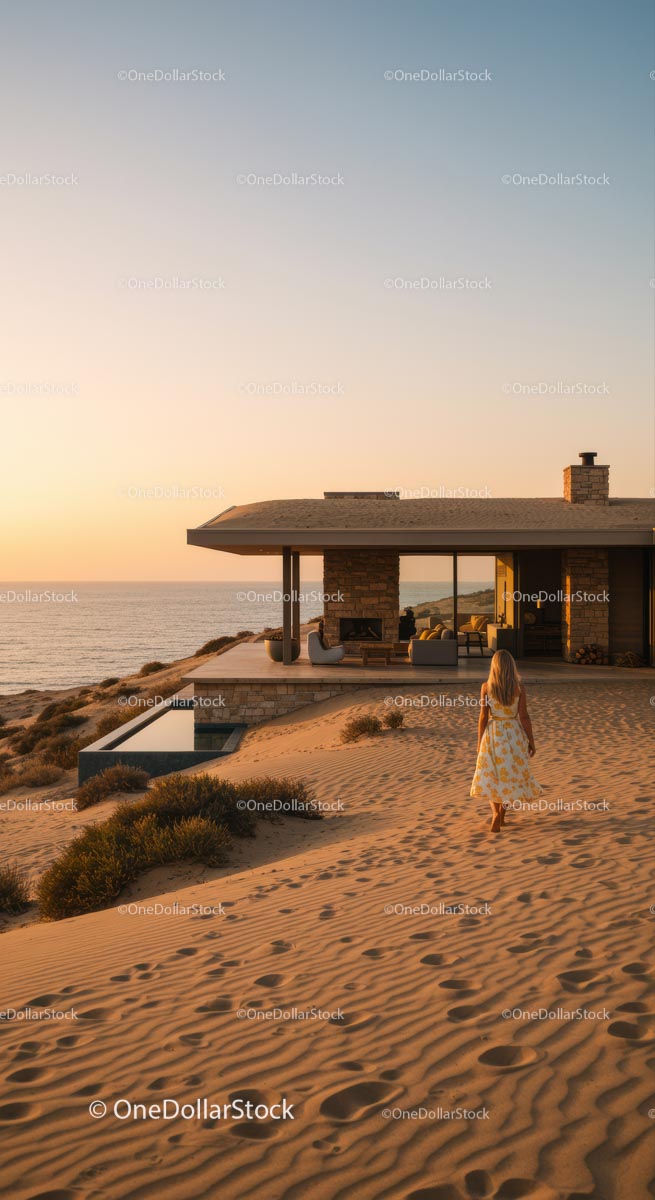 Modern Beachfront House at Sunset with Ocean View