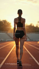 Female Athlete Running on Track at Sunrise