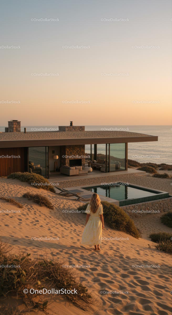 Modern Beachfront House at Sunset with Ocean View