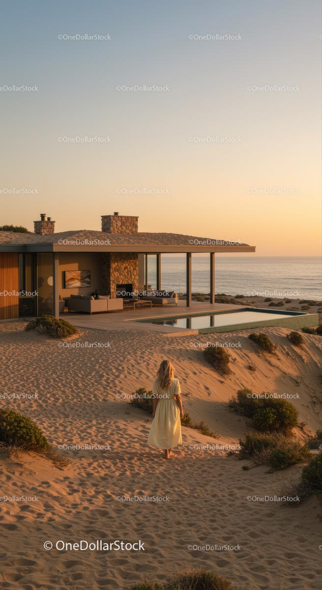 Modern Beachfront House at Sunset with Ocean View