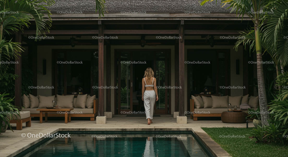 Woman Walking into Luxurious Tropical Villa with Pool