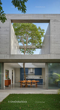 Modern Concrete Structure with Outdoor Dining and Tree Canopy