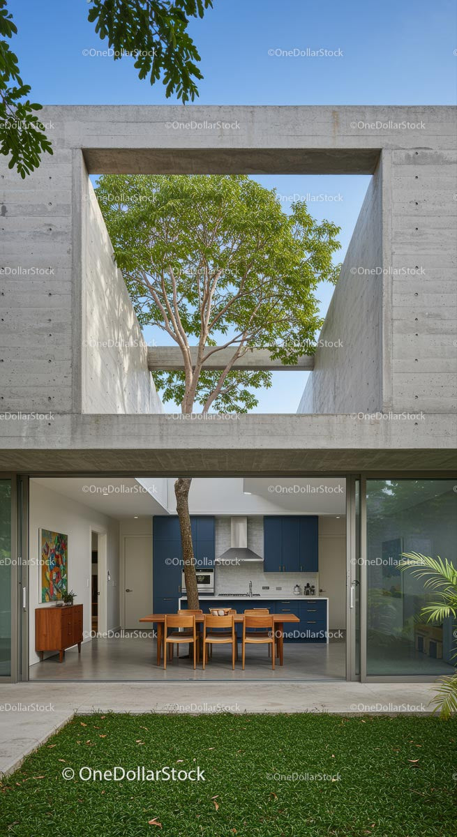 Modern Concrete Structure with Outdoor Dining and Tree Canopy