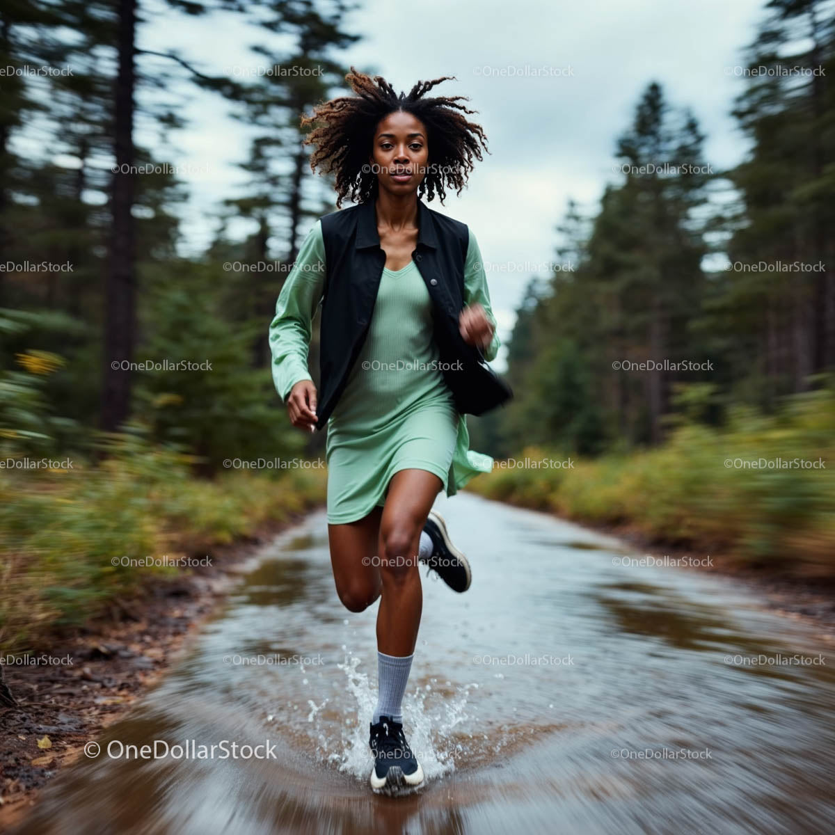 Energetic Woman Running on a Forest Path