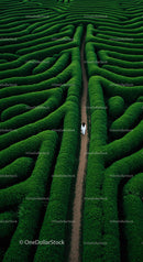 Aerial View of Person Walking Through Green Hedge Maze