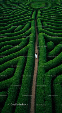 Aerial View of Person Walking Through Green Hedge Maze