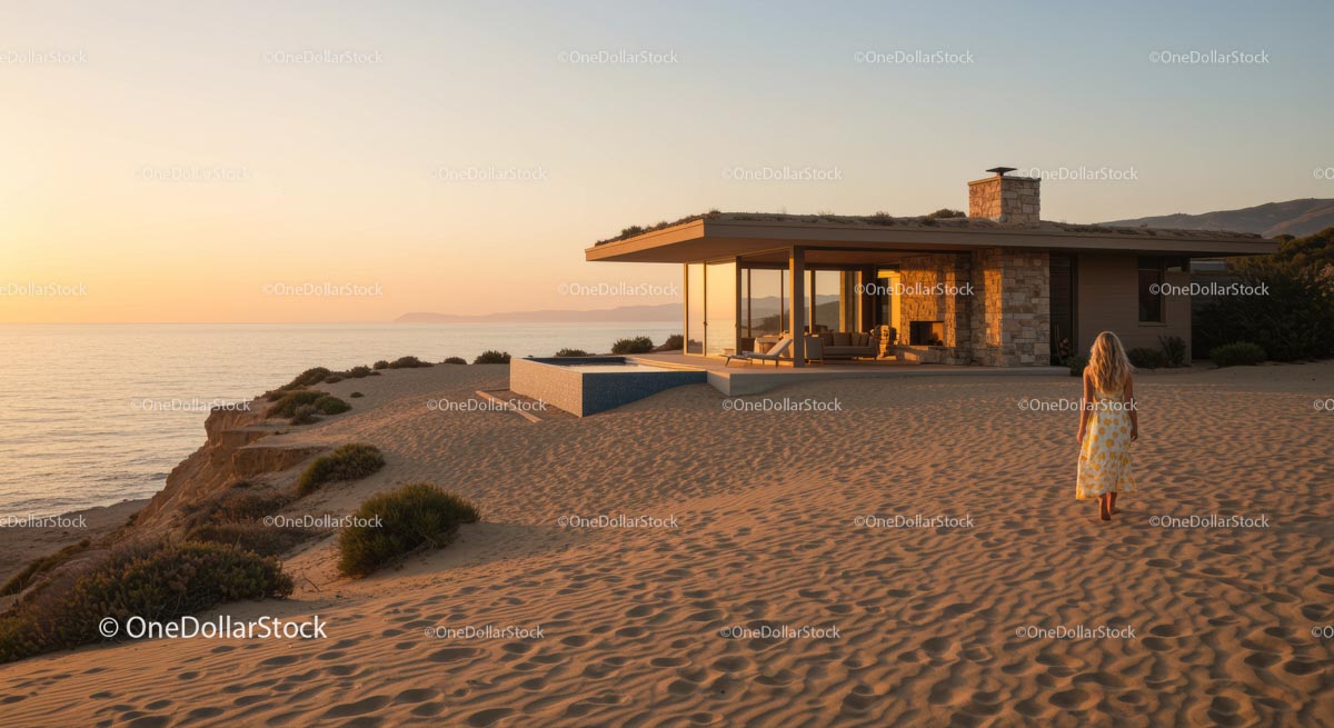 Modern Beachfront House at Sunset with Ocean View
