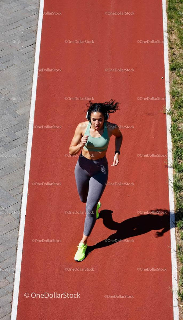 Atletyczna kobieta biegająca po czerwonym torze w słońcu