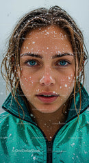 Close-Up Portrait of Woman with Snowflakes in Winter