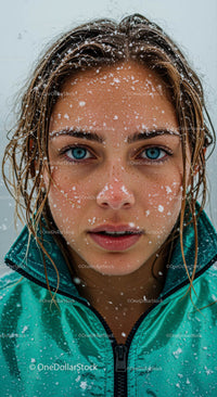 Close-Up Portrait of Woman with Snowflakes in Winter