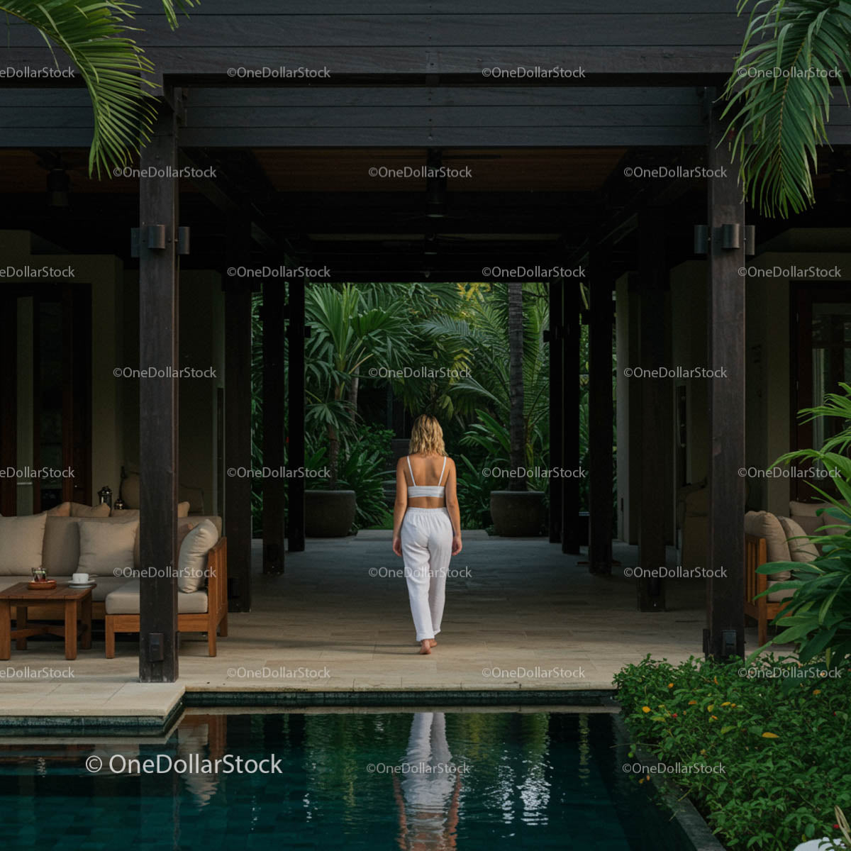 Woman Strolls Through Tropical Villa Garden