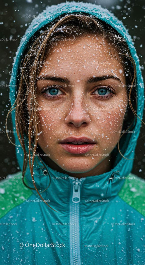 Kobieta w niebieskiej kurtce z płatkami śniegu na twarzy