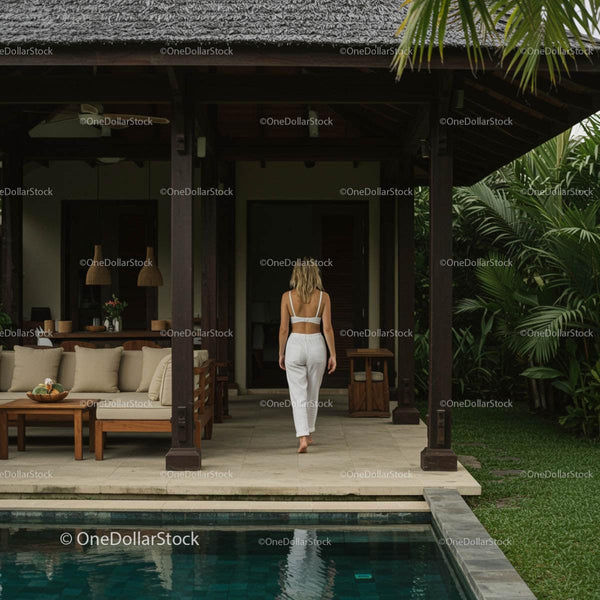 Woman in White Relaxing by Poolside at Tropical Villa