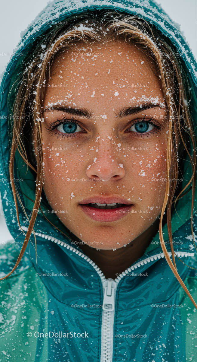 Close-Up Portrait of Woman in Snow with Blue Eyes