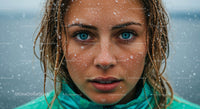 Close-Up Portrait of Woman with Snowflakes and Blue Eyes