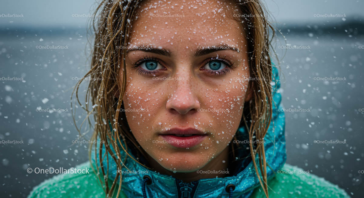 Young Woman with Snowflakes on Face in Winter Scene