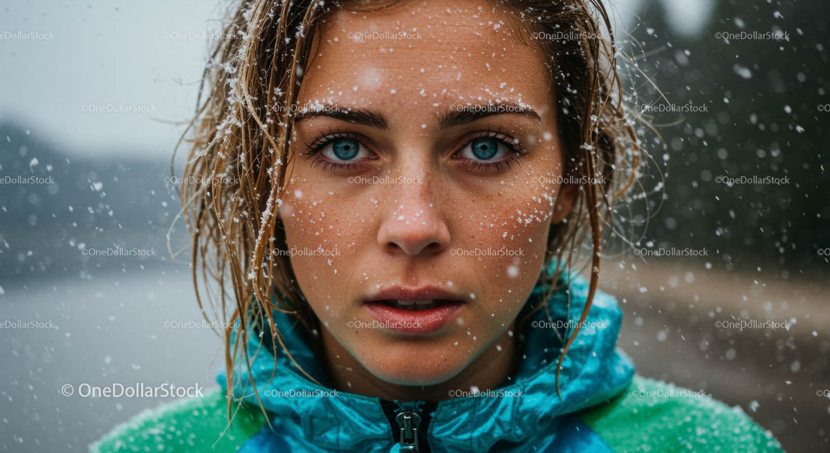 Woman with Blue Eyes in Snowy Winter Wonderland