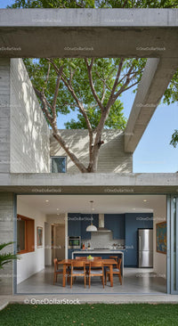 Modern Concrete Structure with Outdoor Dining and Tree Canopy