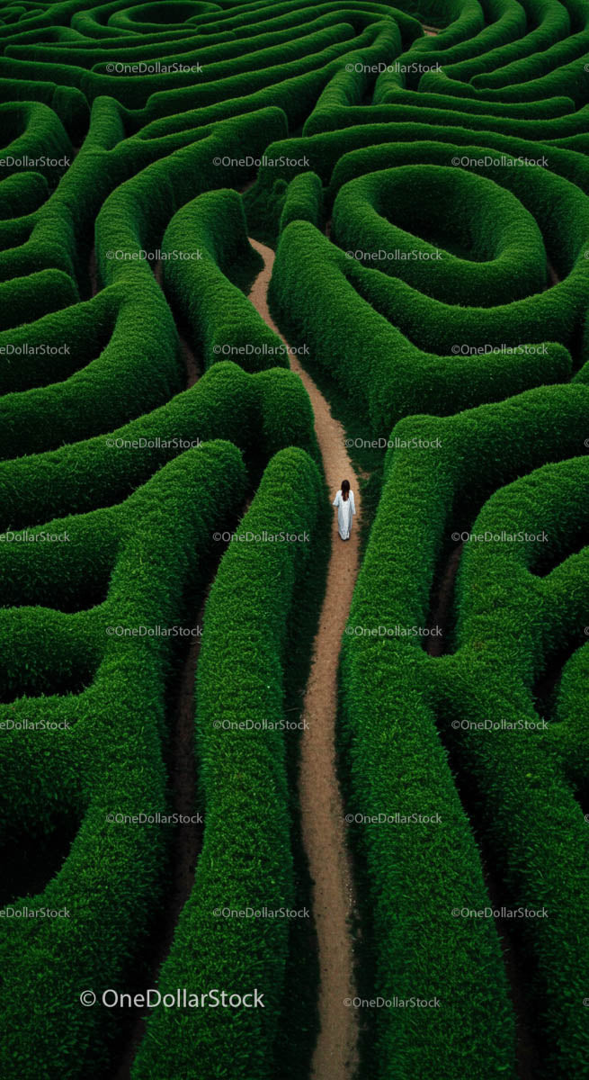 Solitary Woman Walking Through Lush Green Maze