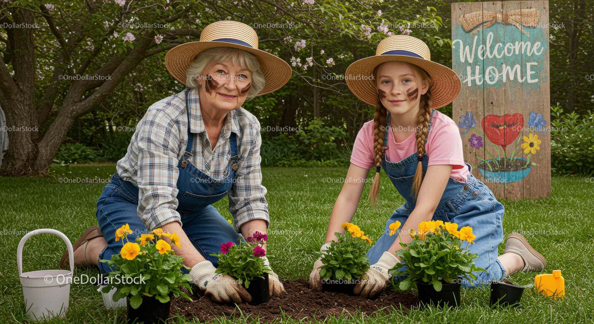 Grandmother and Granddaughter Planting Vibrant Marigolds