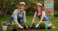 Grandmother and Granddaughter Planting Vibrant Marigolds