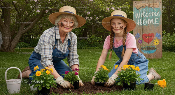 Grandmother and Granddaughter Planting Vibrant Marigolds