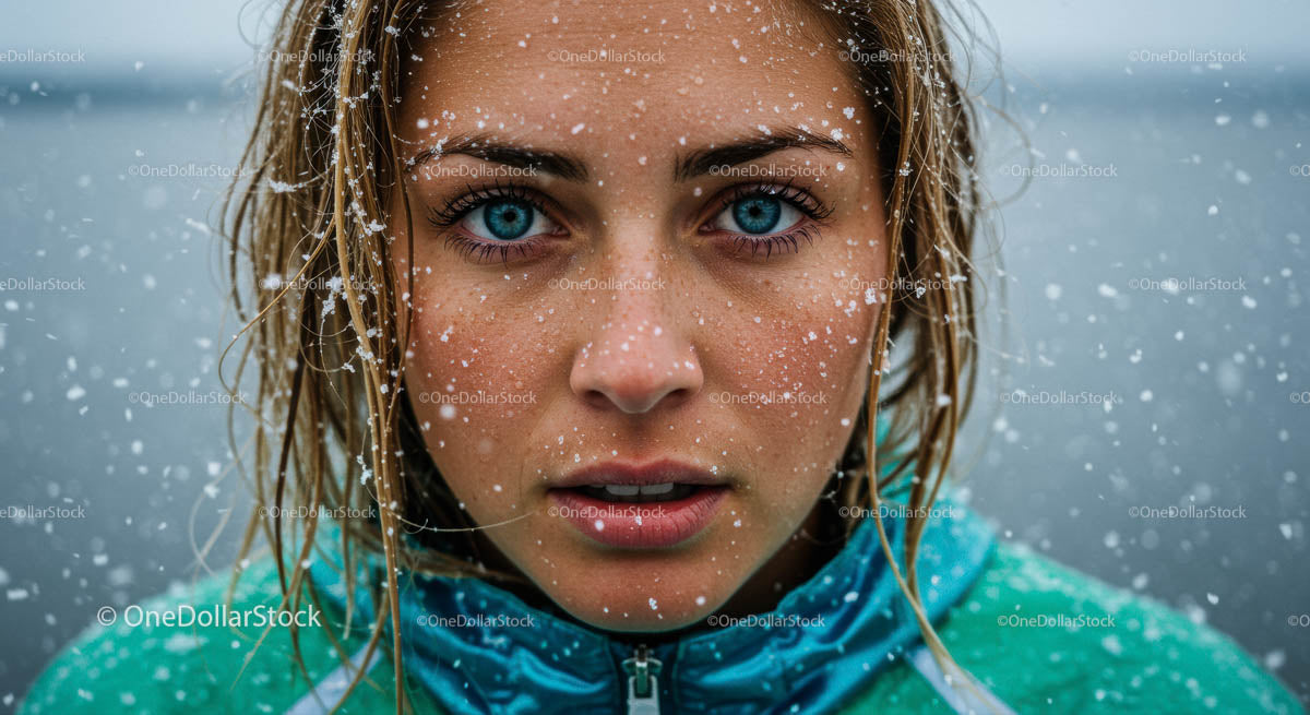 Close-Up Portrait of a Woman in Snowy Weather