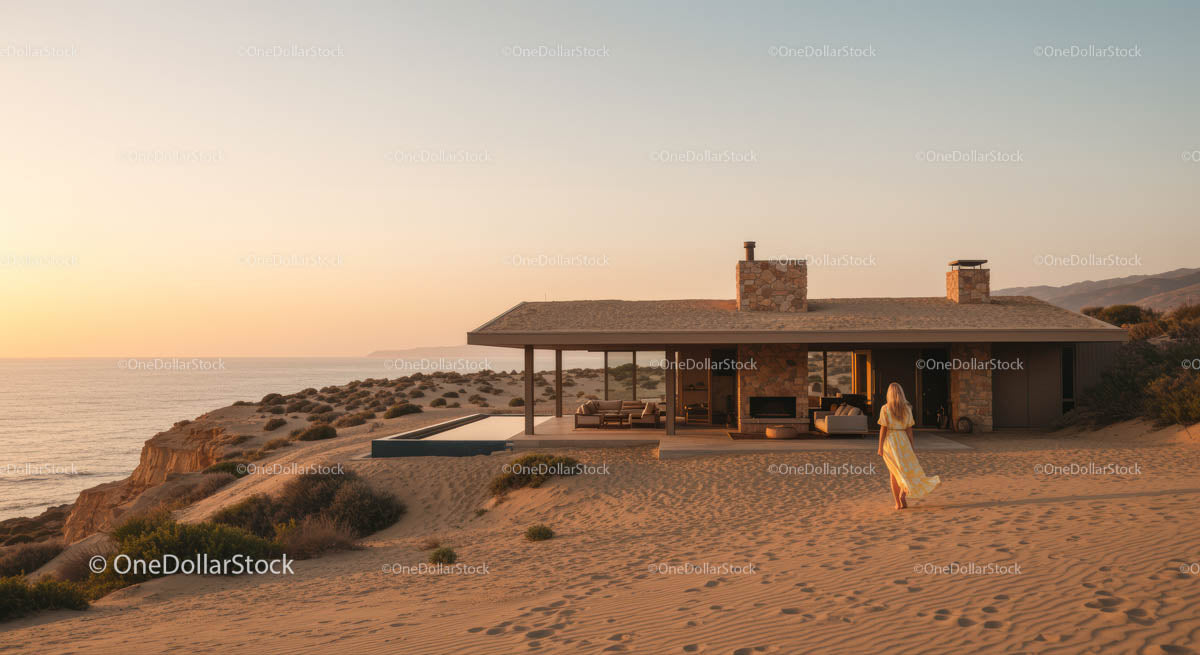 Modern Beach House at Sunset with Infinity Pool