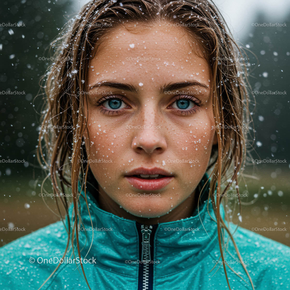 Portrait of a Young Woman with Snowflakes and Blue Eyes