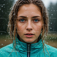 Portrait of a Young Woman with Snowflakes and Blue Eyes