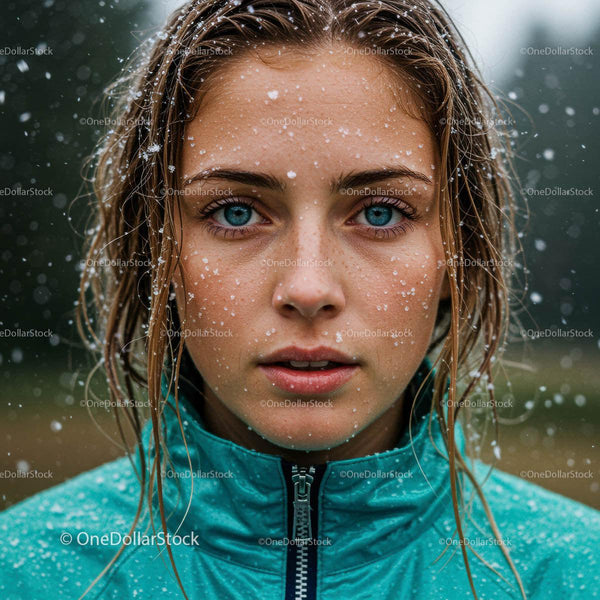 Portret młodej kobiety z płatkami śniegu i niebieskimi oczami