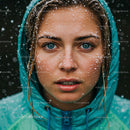 Young Woman in Snow with Blue Eyes and Hooded Jacket