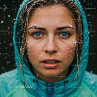 Young Woman in Snow with Blue Eyes and Hooded Jacket