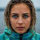 Blue-Eyed Woman in Snow with a Determined Gaze