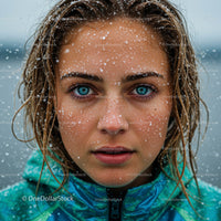 Blue-Eyed Woman in Snow with a Determined Gaze