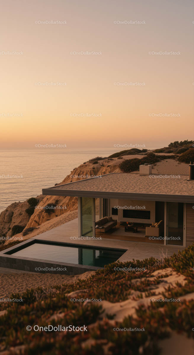 Modern Cliffside Home Overlooking Ocean at Sunset