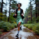 Woman Running on a Forest Trail in Vibrant Green Attire