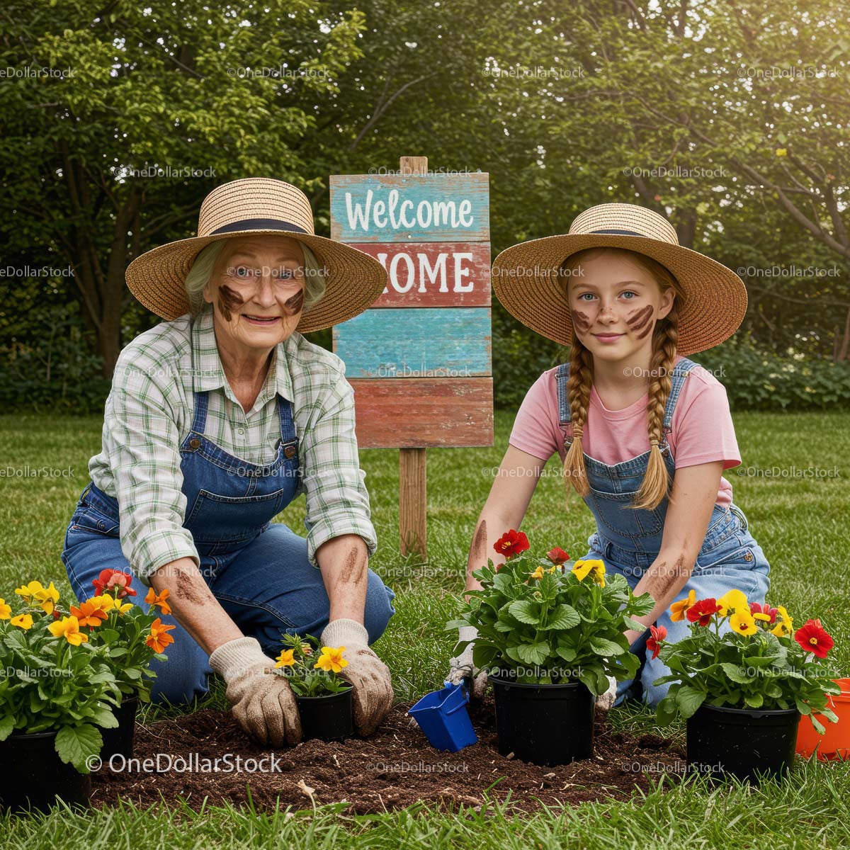 Grandmother and Granddaughter Planting Vibrant Garden Flowers