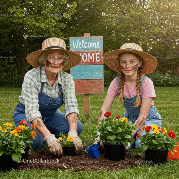 Grandmother and Granddaughter Planting Vibrant Garden Flowers