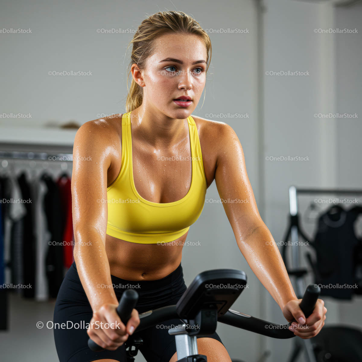 Woman in Yellow Sports Bra on Exercise Bike at Gym