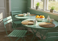 Sunlit kitchen corner with mint green table and fresh fruit