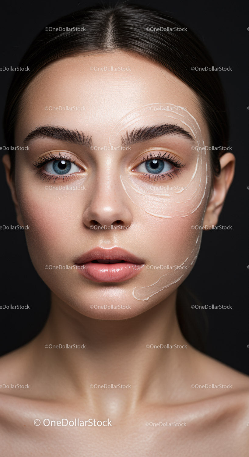 Close-up Portrait of a Young Woman with Clear Skin and Blue Eyes