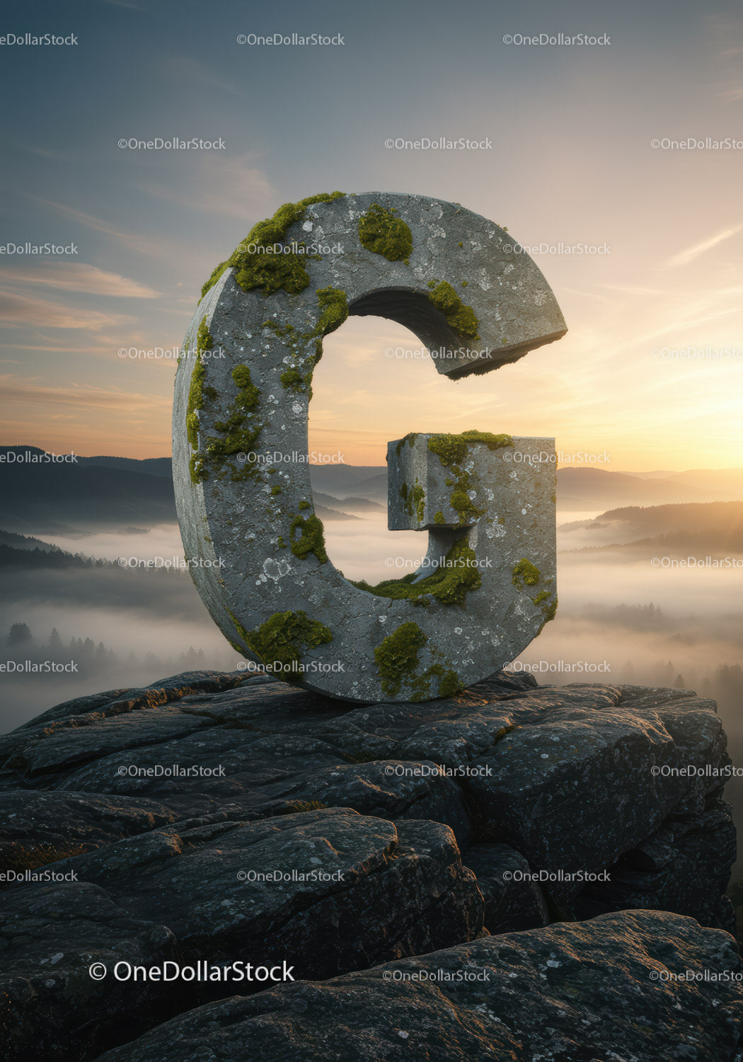 Moss covered stone letter G on cliff at sunrise