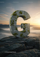 Moss covered stone letter G on cliff at sunrise