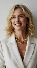 Elegant Blonde Woman with Gold Jewelry Wearing White Blazer