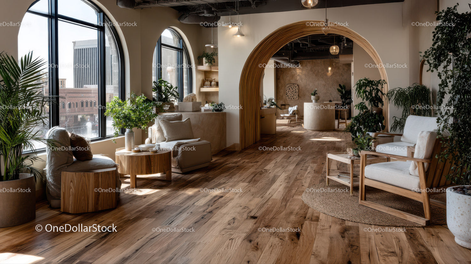 Modern Cozy Lounge with Indoor Plants and Wooden Flooring