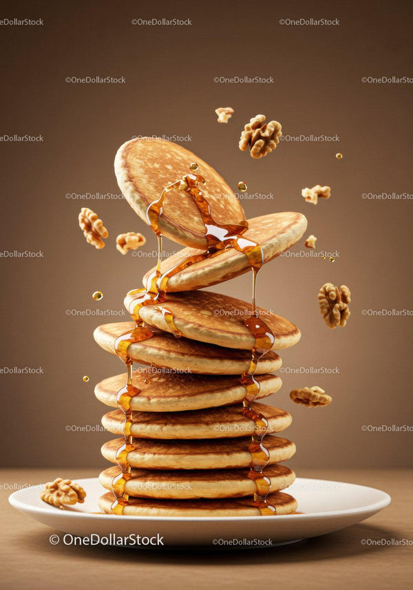 Stack of fluffy pancakes dripping with syrup and walnuts
